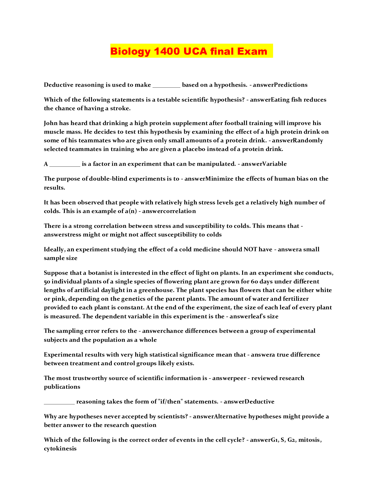 Preview image of Biology 1400 UCA final Exam document